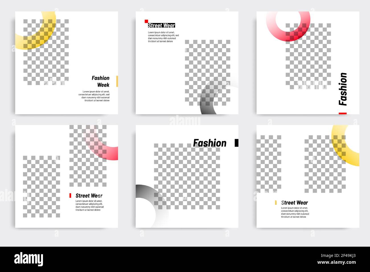 Editable modern minimal square banner templates. Yellow, red, black and white background color with gradient circle shape. Suitable for social media p Stock Vector