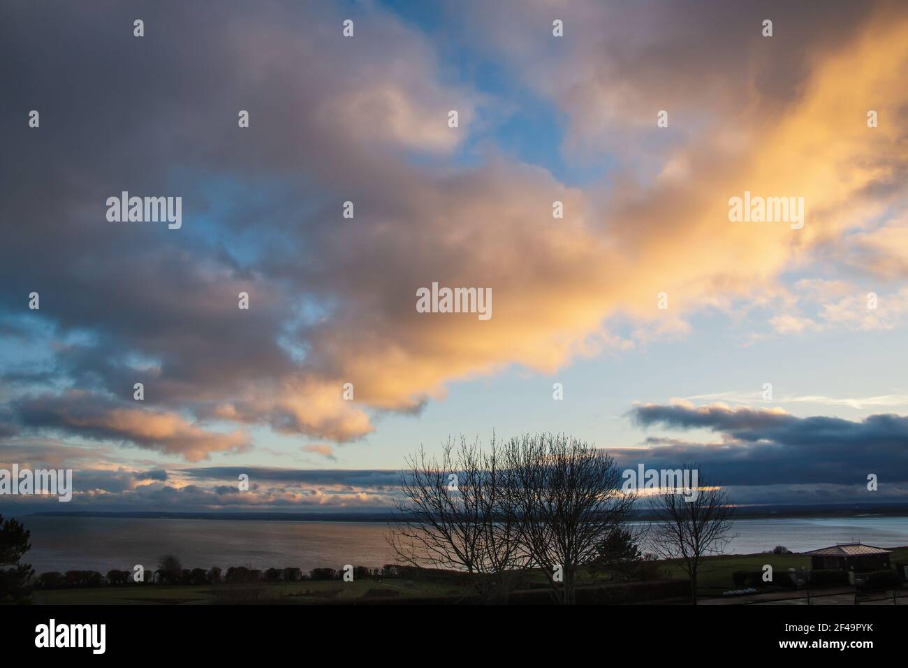 Silhouetted winter trees on an esplanade in front of a bay of water as the sunset illuminates the clouds. Stock Photo