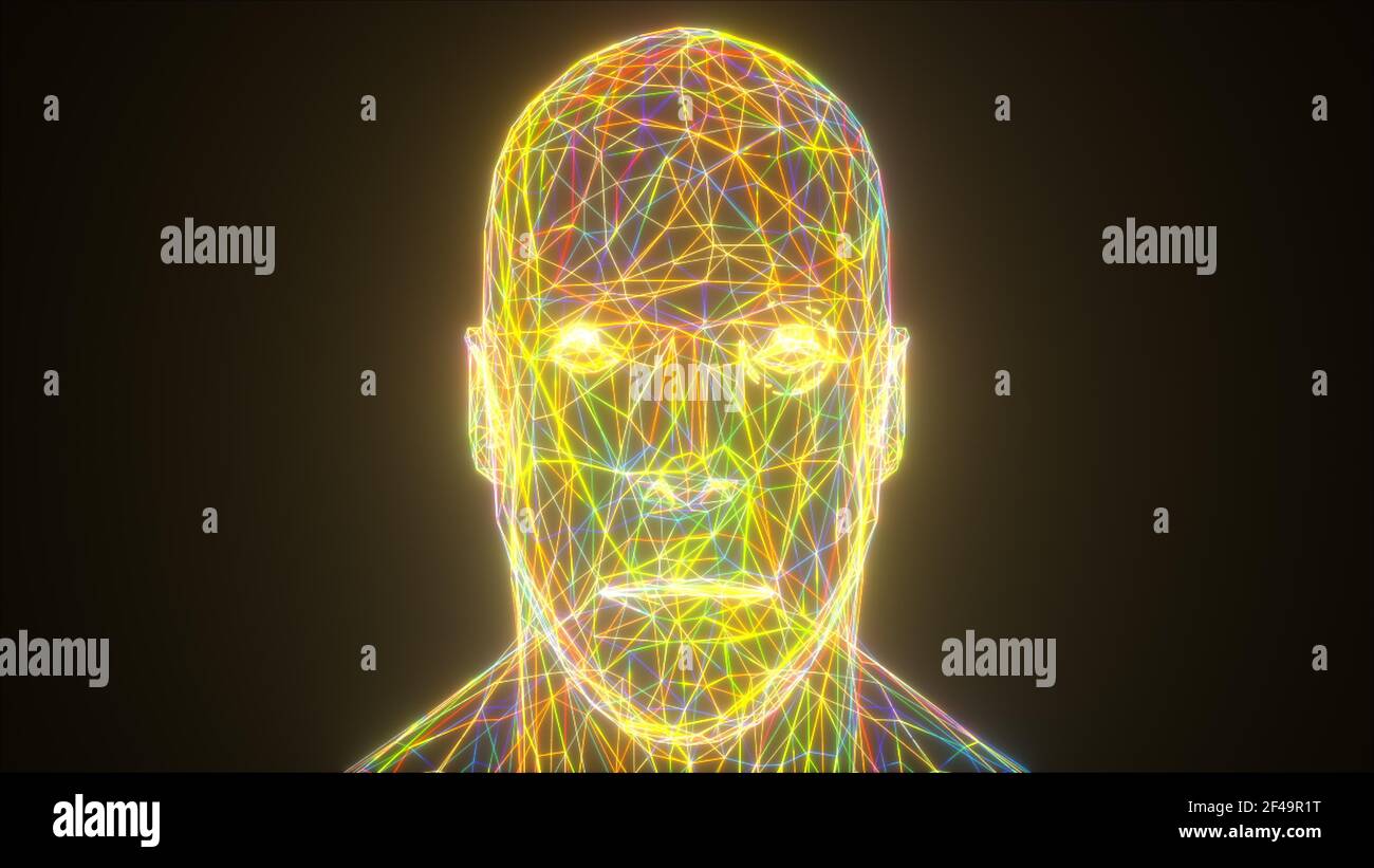 Colorful neon head, computer generated. 3d rendering abstract backdrop from thin net Stock Photo