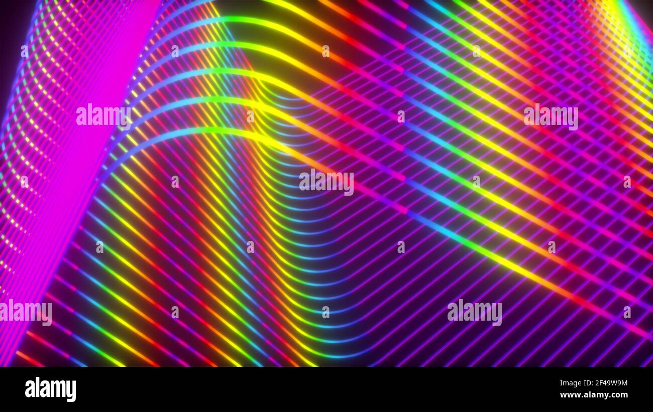 Abstract wavy squares from neon lines, computer generated. 3d rendering virtual backdrop Stock Photo