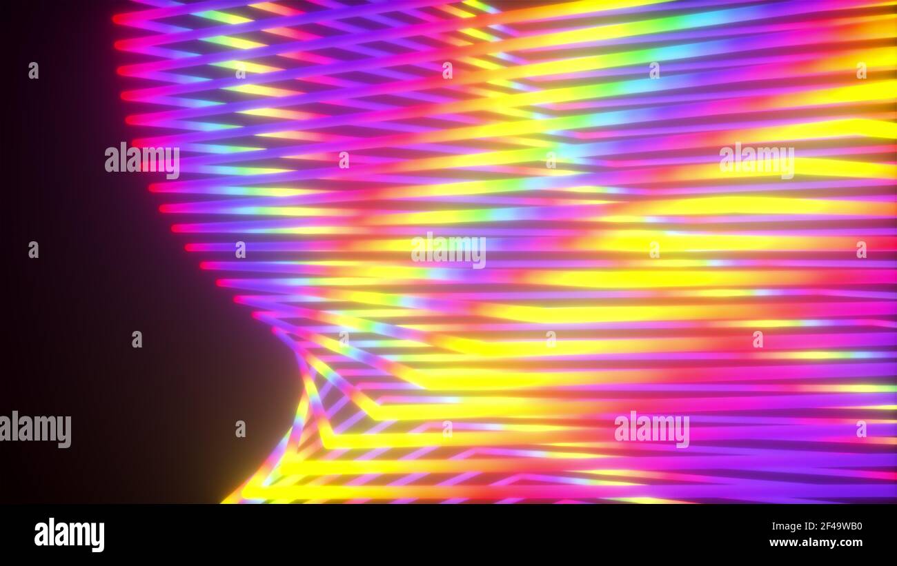 Abstract wavy squares from neon lines, computer generated. 3d rendering virtual backdrop Stock Photo