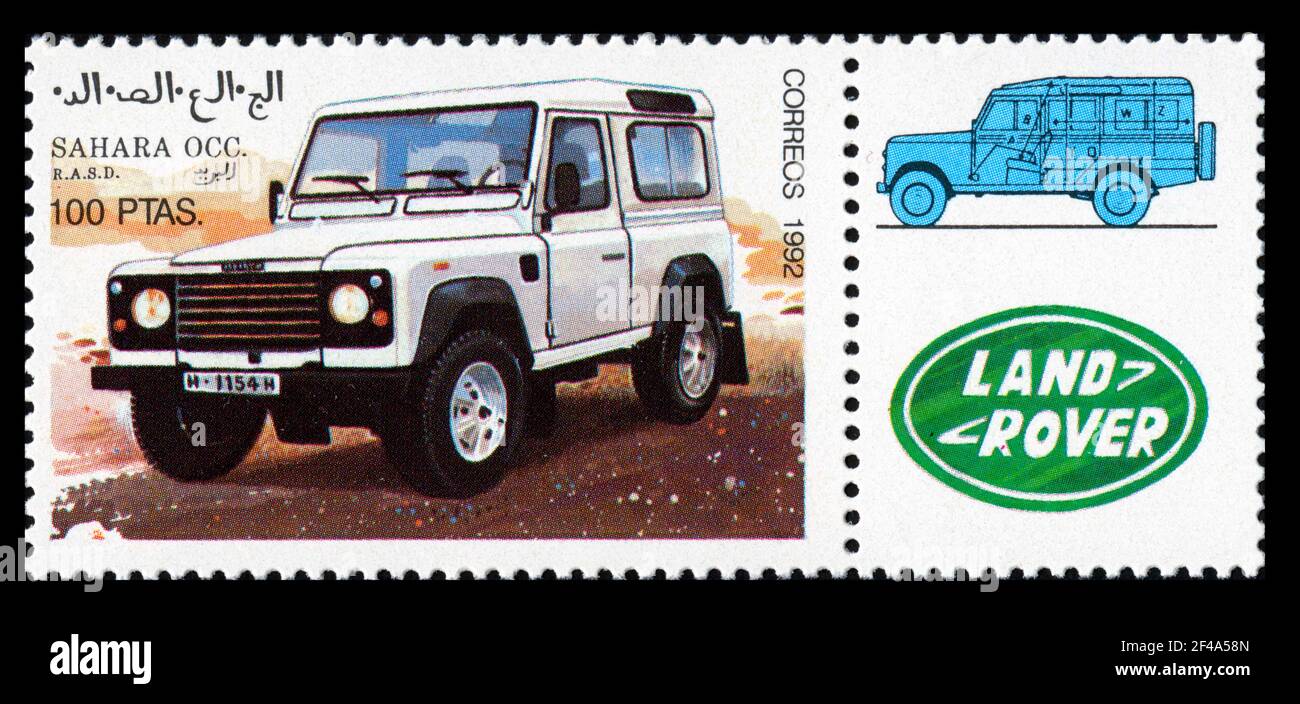 Stamp print in Sakhar Arab Democratic Republic, 1992,SADR,cars, Land Rover Stock Photo