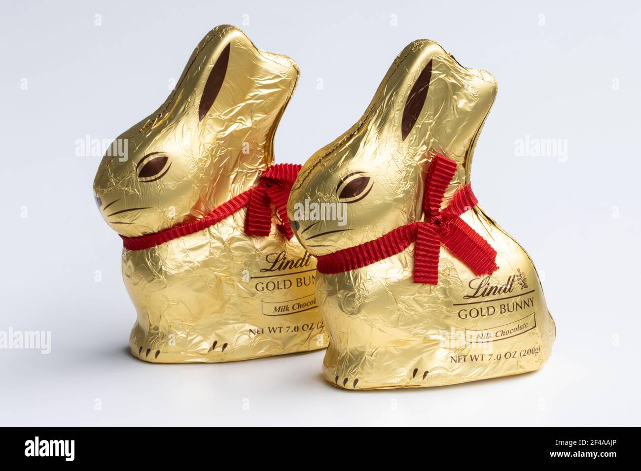 Two Lindt Gold Bunnies isolated on a white background. Milk chocolate Easter bunnies wrapped in golden foil with a red ribbon, produced by Lindt ... Stock Photo