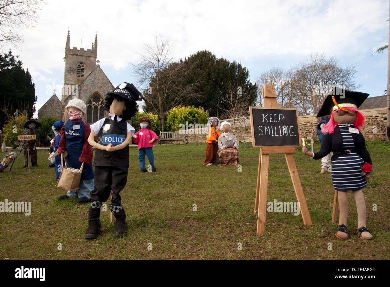 A village community in Islip tells the story of the covid-19 pandemic through a display of hand made effigies 2021 Stock Photo