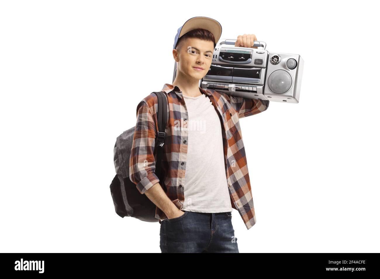 Guy with a boombox on his shoulder isolated on white background Stock