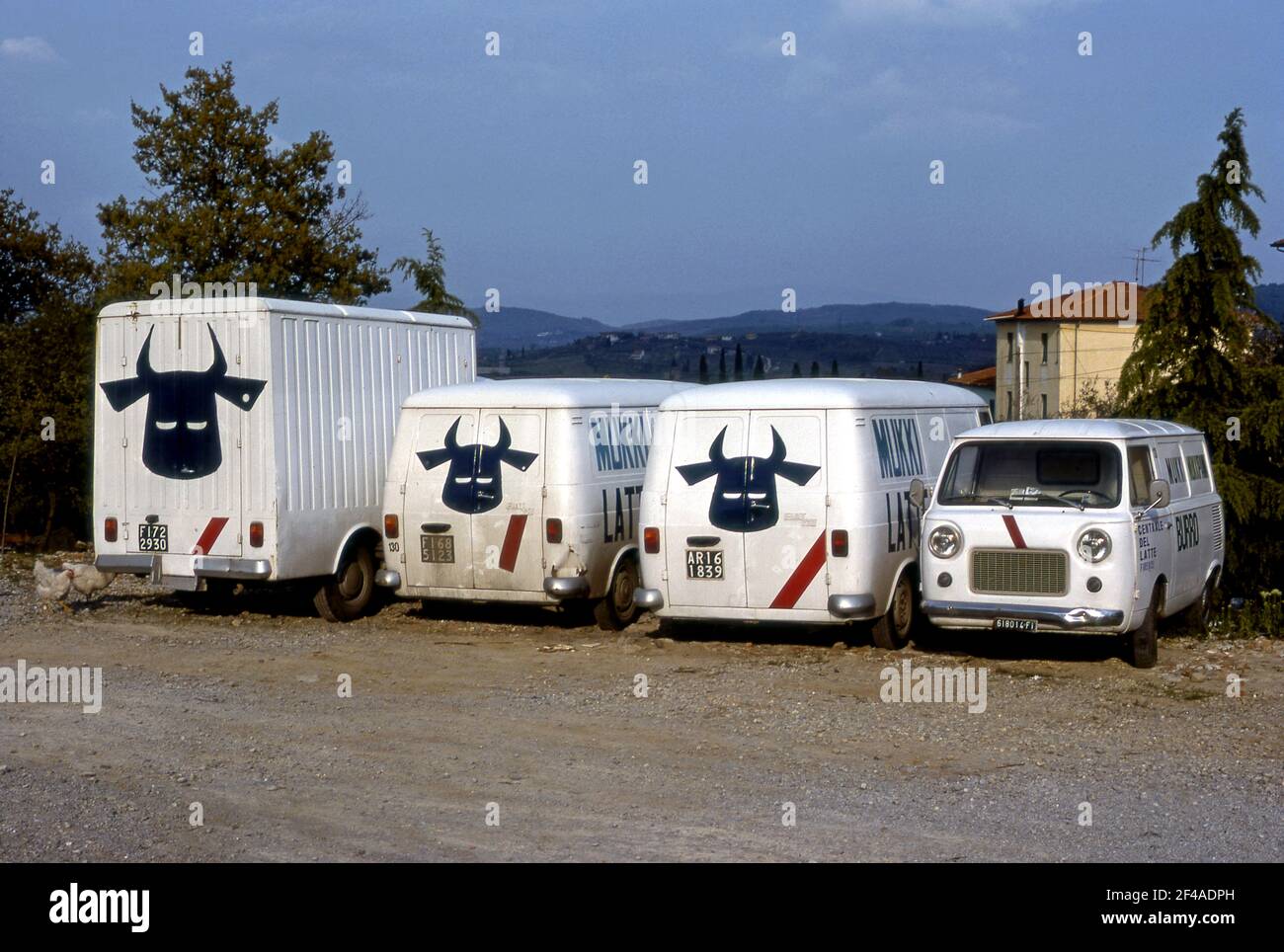 Italian milk trucks in the Tuscan region of Italy circa 1977 Stock Photo