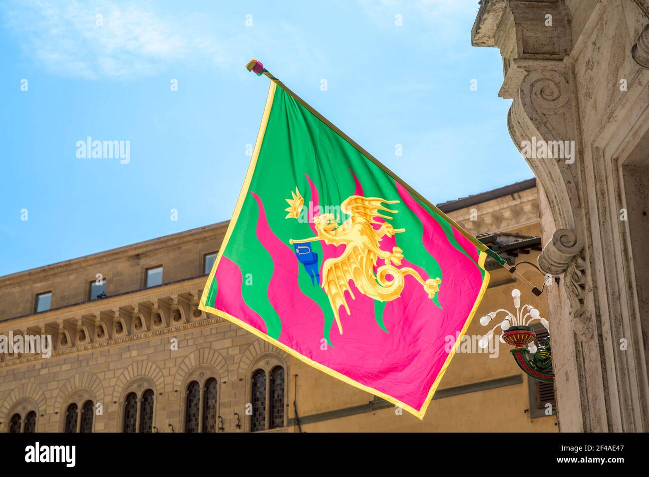 Siena, Italy.  Contrade flag on display. Stock Photo