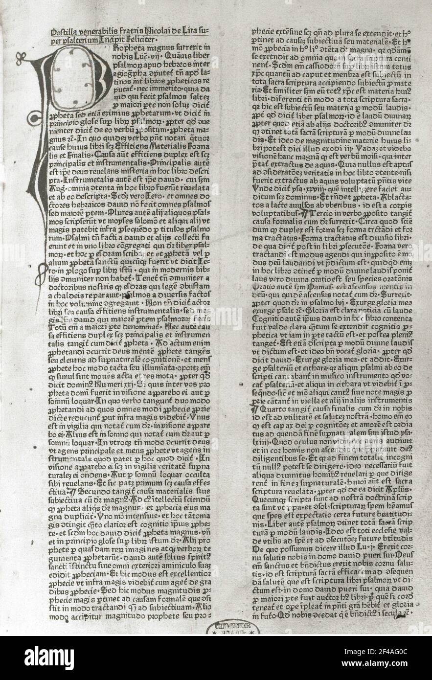 Lyra, Nicolaus De: Postilla Super Psalterium. Strasbourg, around 1475. Book printing and book painting. Title page with initial 'P'. Dresden: Slub R 566 J Stock Photo