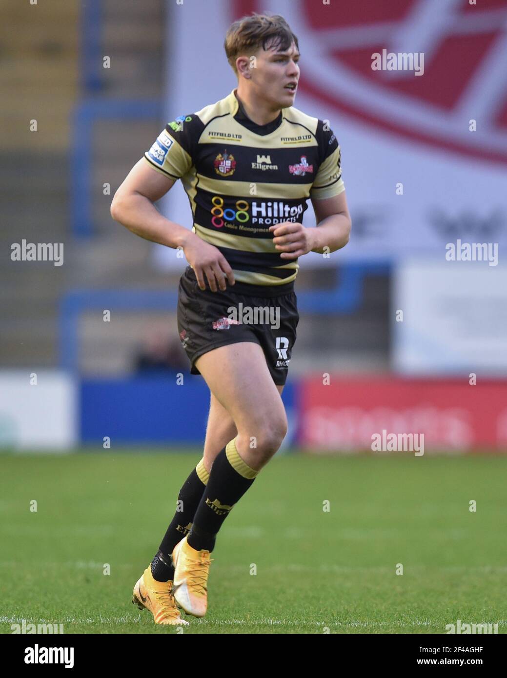 Warrington, UK. 19th Mar, 2021. Keanan Brand (24) of Leigh Centurions during the game in Warrington, UK on 3/19/2021. (Photo by Richard Long/News Images/Sipa USA) Credit: Sipa USA/Alamy Live News Stock Photo