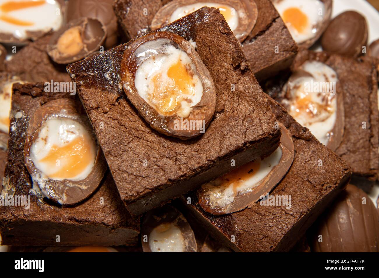 A plate of delicious chocolate cream easter egg brownies, chocolate