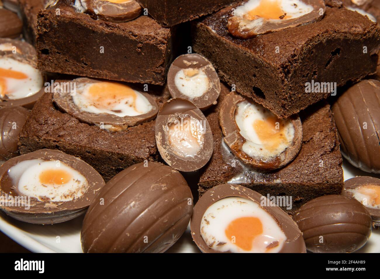 A plate of delicious chocolate cream easter egg brownies, chocolate