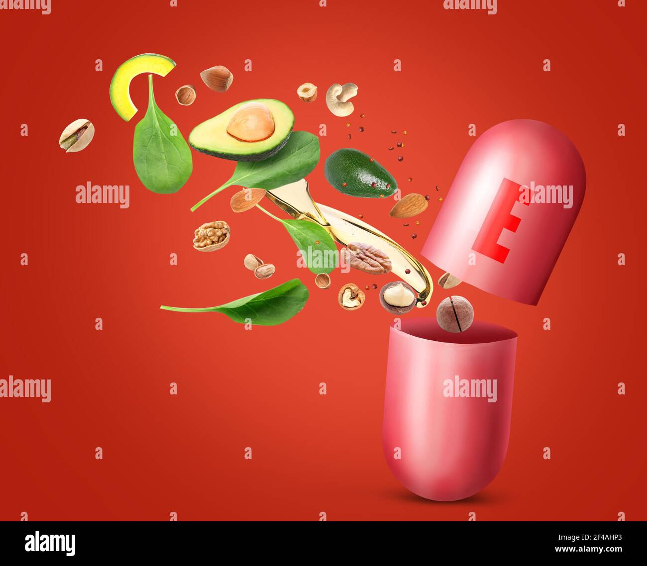 Vitamin E pill and different healthy products on color background Stock Photo