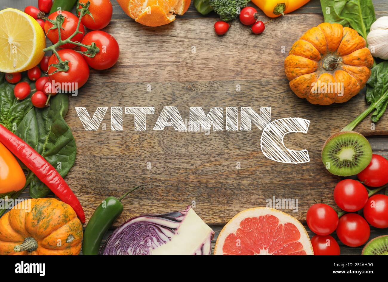 Healthy products rich in vitamin C on wooden background Stock Photo Alamy