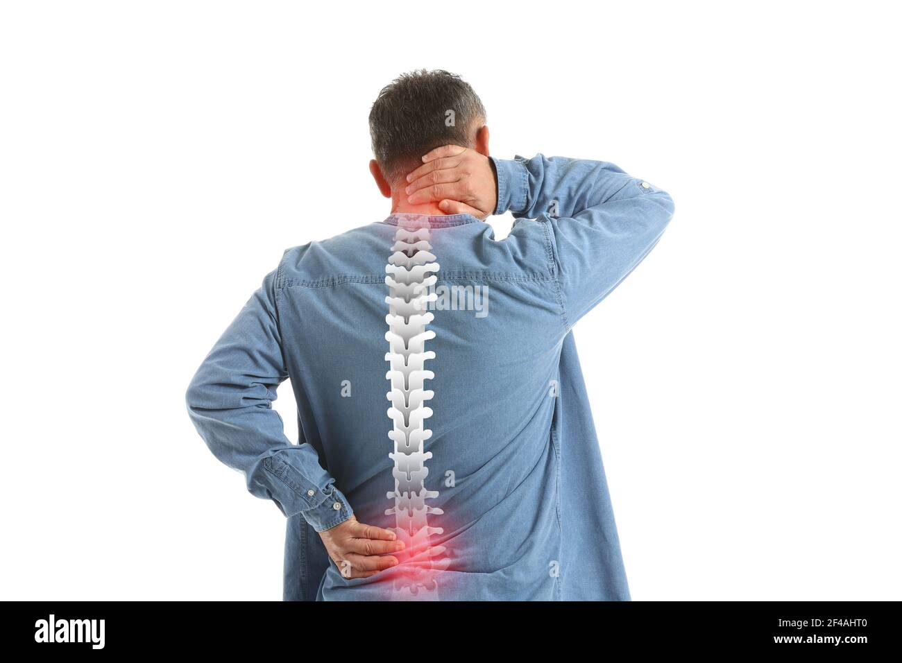 Mature man suffering from back pain on white background Stock Photo - Alamy