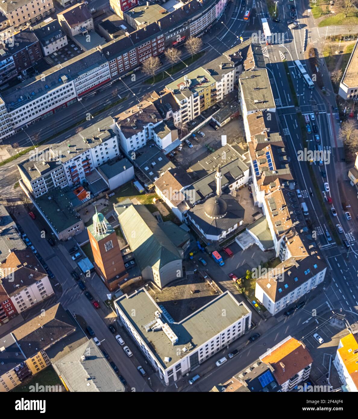 Aerial view, Mosque Islamic Cultural Association Mosque, Luther Church, Diakonie Mark-Ruhr, Middle Town, Hagen, Ruhr Area, North Rhine-Westphalia, Ger Stock Photo