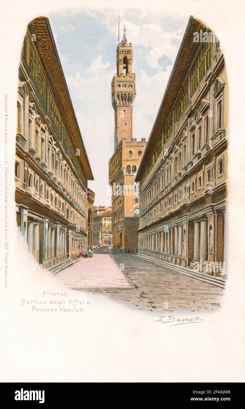 Vintage Edwardian era postcard of the Uffizi Gallery, Piazzale Degli Uffizi and the Palazzo Vecchio, in Florence, Italy. Stock Photo