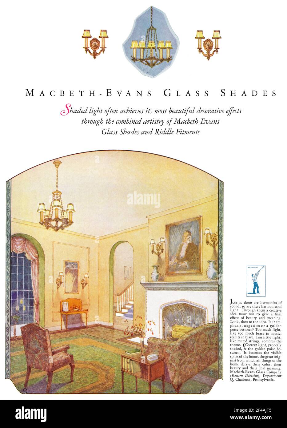 1927 U.S. advertisement for Macbeth-Evans glass light shades. Stock Photo