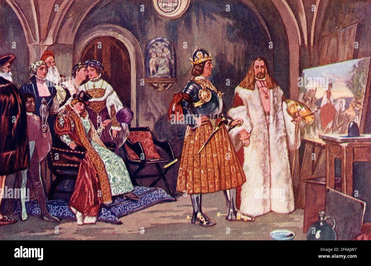 The caption for this 1902 illustration reads: Emperor Maximilliam visits studio of Albrecht Durer. Durer (1471-1528), the most famed of German artists, was a great favorite of the Emperor Maximilian, who employed him on a series of brilliant sketches, celebrated in around 1900 as 'the triumph of Maximilian.' Stock Photo