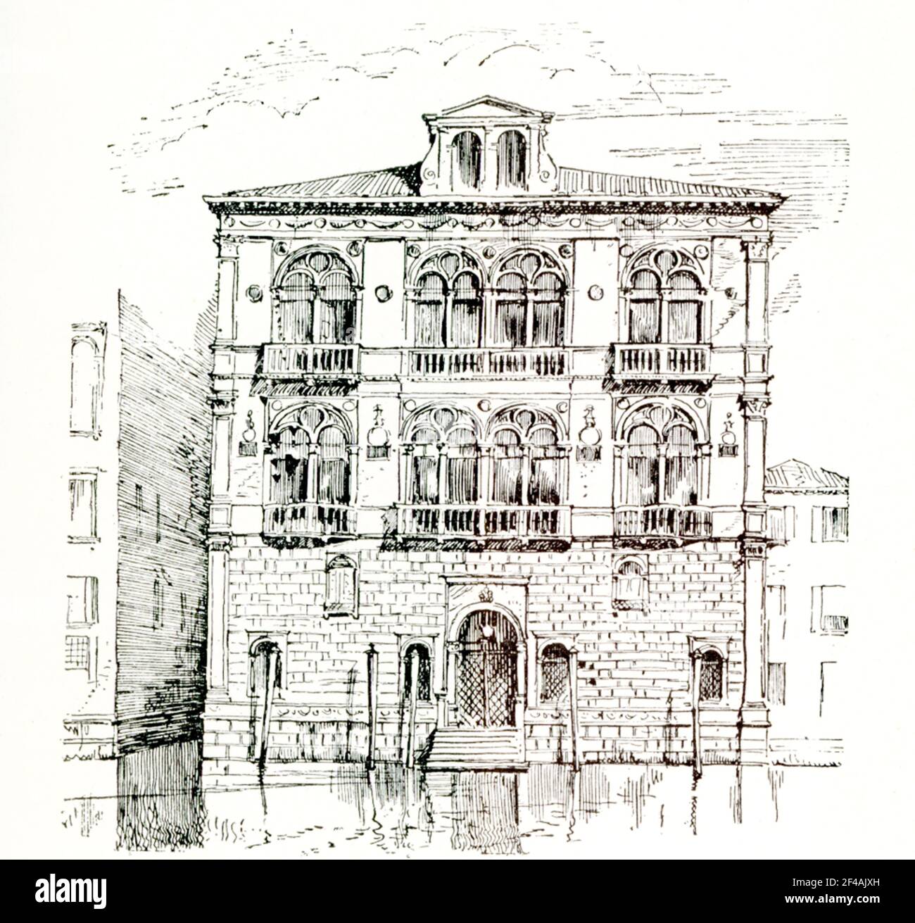 This early 1900s illustration shows Spinelli Palace in Italy. The Palazzo Corner Spinelli is a palace in Venice, northern Italy, located on the Grand Canal, in the sestiere of San Marco. It stands across the canal from the Palazzo Querini Dubois. The palace was commissioned in the late 15th century by the aristocratic Lando Family, and built on designs by Mauro Codussi. Stock Photo