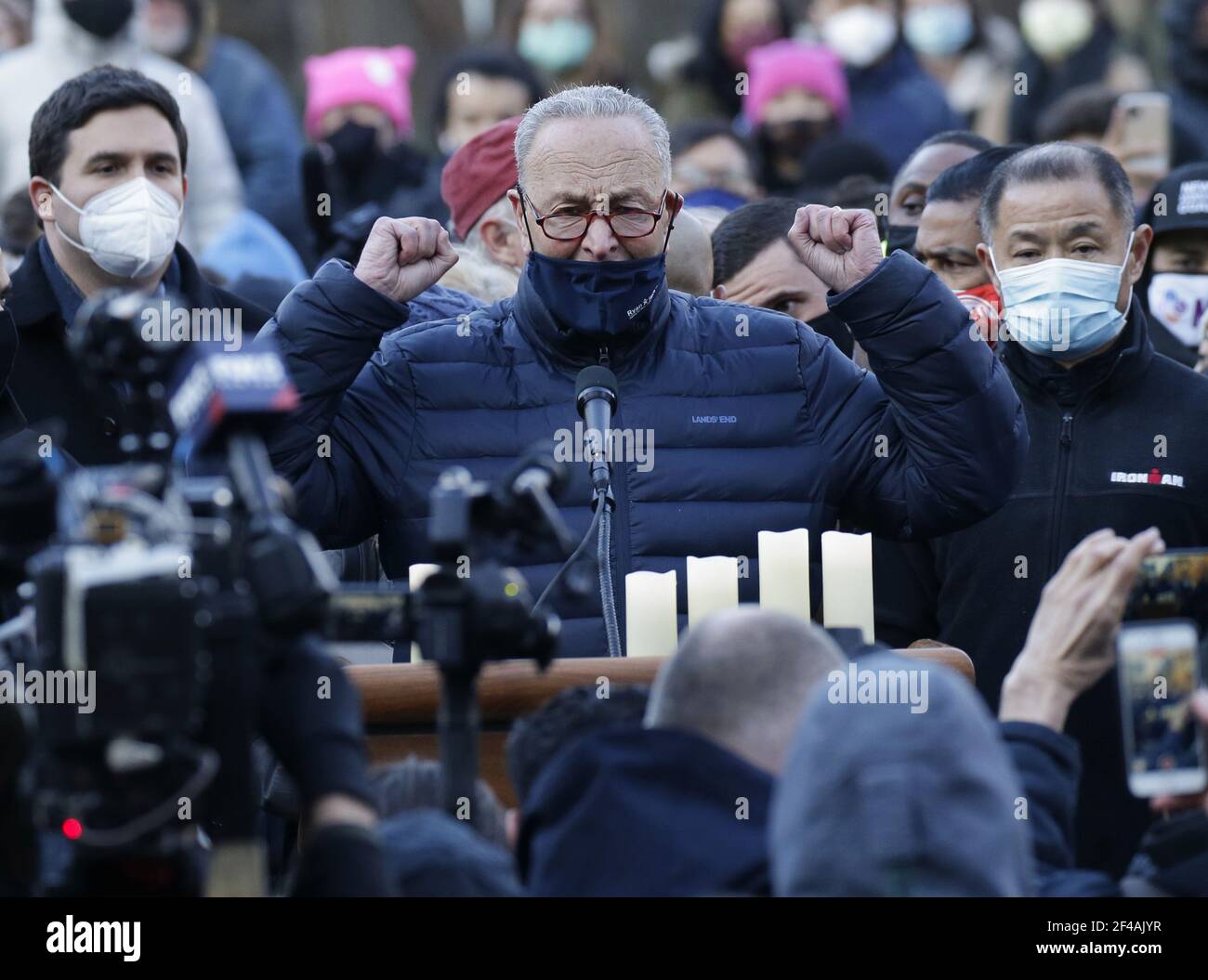 New York, United States. 19th Mar, 2021. Sen. Chuck Schumer speaks at a Vigil for Peace organized by Asian American Federation in Union Square in New York City on Friday, March 19, 2021. President Biden on Friday urged Congress to pass hate crime legislation to address the increase in discrimination and violence against Asian Americans during the COVID-19 pandemic. Photo by John Angelillo/UPI Credit: UPI/Alamy Live News Stock Photo