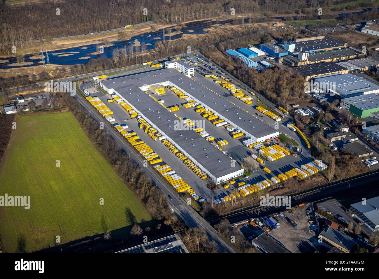 Aerial view, DHL Parcel Centre in the Lenne Valley Industrial Estate, Buschmühlenstraße, River Lenne, Lenne Valley, Hagen, Ruhr Area, North Rhine-West Stock Photo