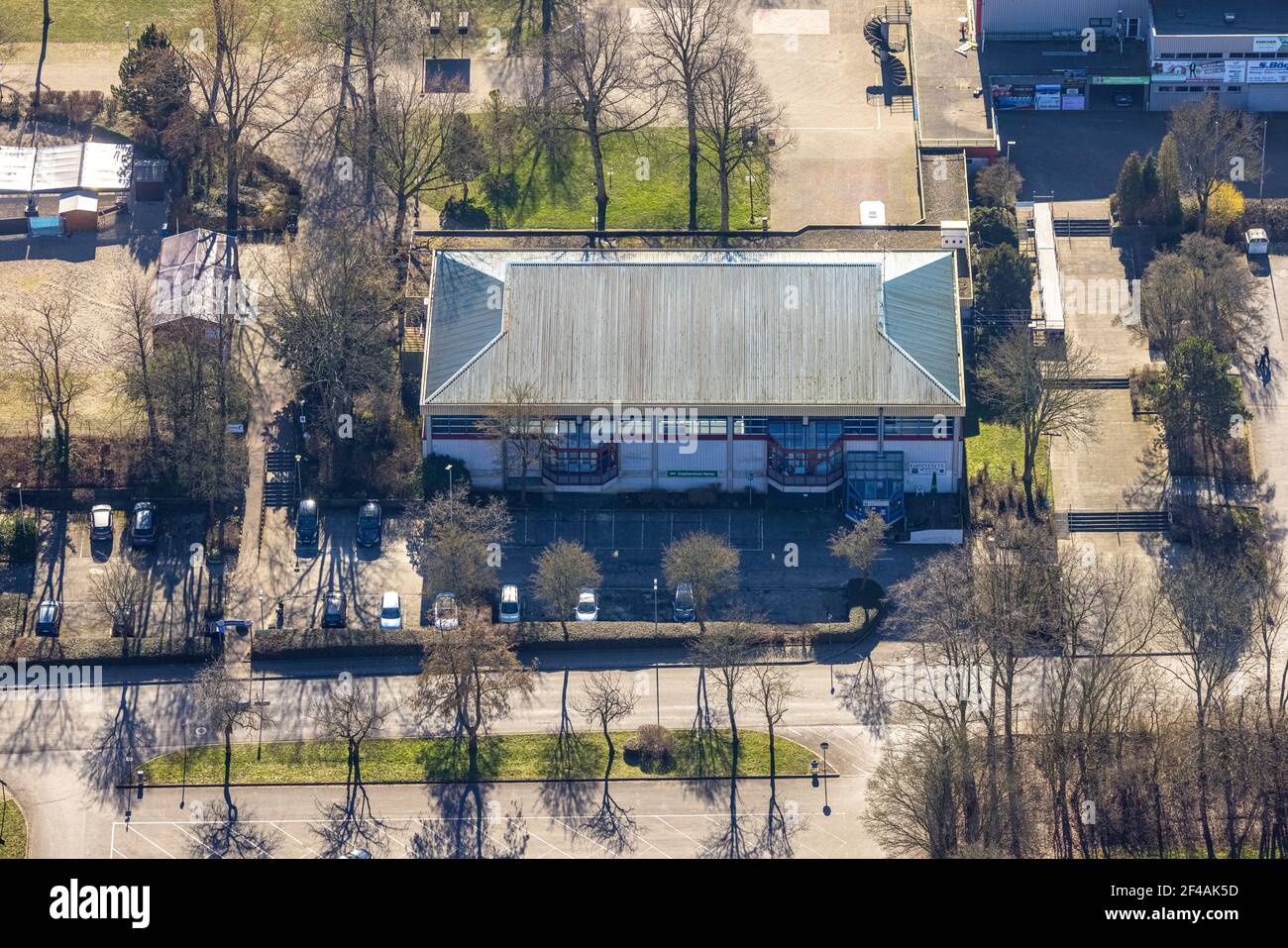 Aerial photo, current vaccination centre in the sports hall at Revierpark Gysenberg, Börnig, Herne, Ruhr area, North Rhine-Westphalia, Germany, Corona Stock Photo