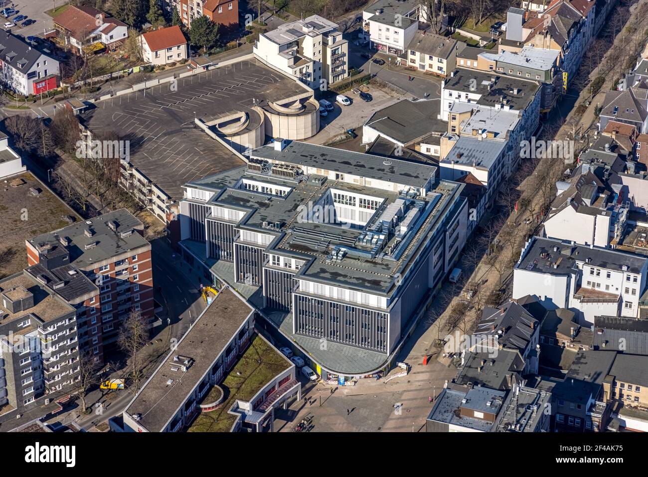 Aerial photograph, Robert-Brauner-Platz, StadtGalerie, construction site Neue Höfe Bahnhofstraße, Herne, Ruhr Area, North Rhine-Westphalia, Germany, c Stock Photo