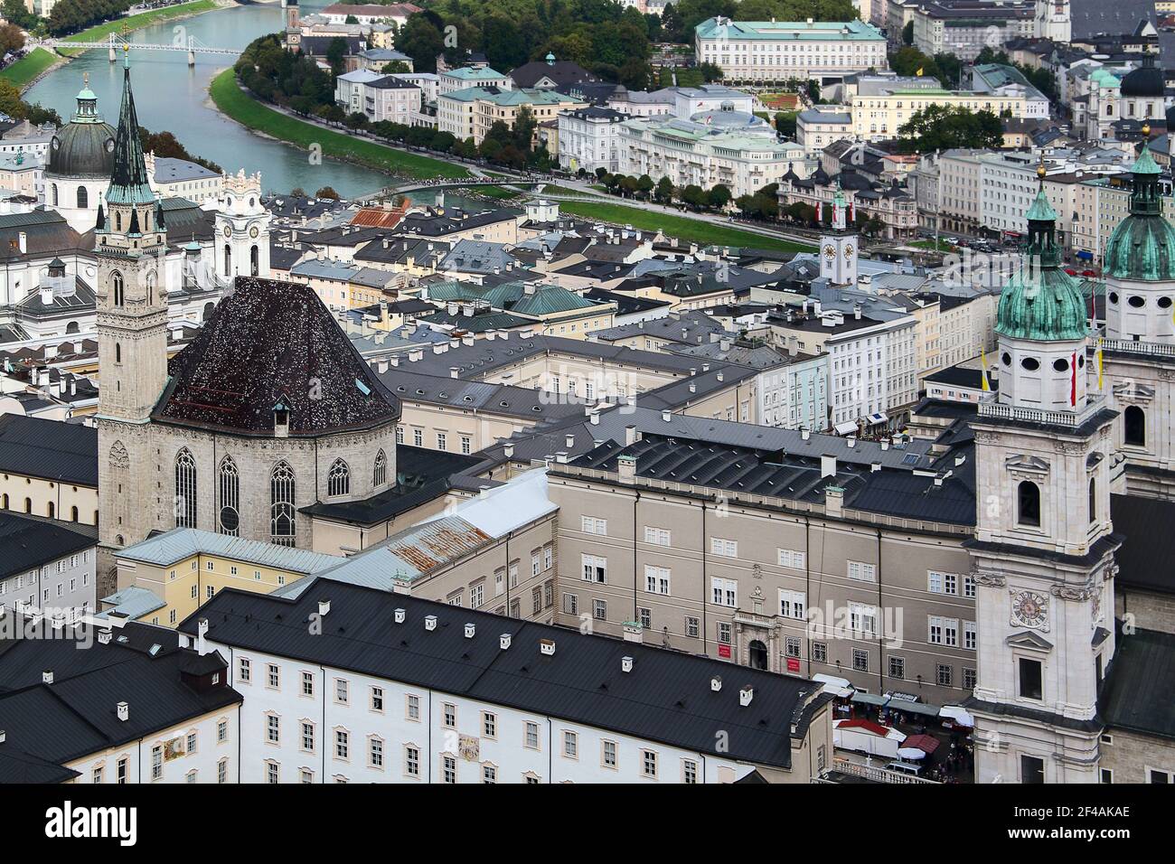 Scenic view of the city of Salsburg from a bird's eye view. In the background is the Danube River Stock Photo