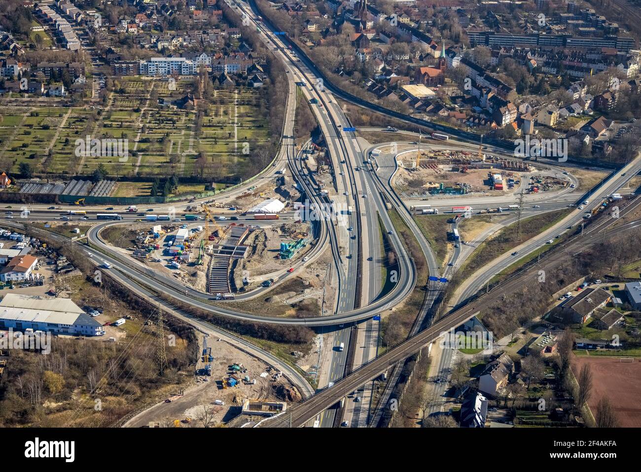 Aerial view, motorway junction Herne with new construction tunnel Baukau from A43 to A42, Baukau-West, Herne, Ruhr area, North Rhine-Westphalia, Germa Stock Photo
