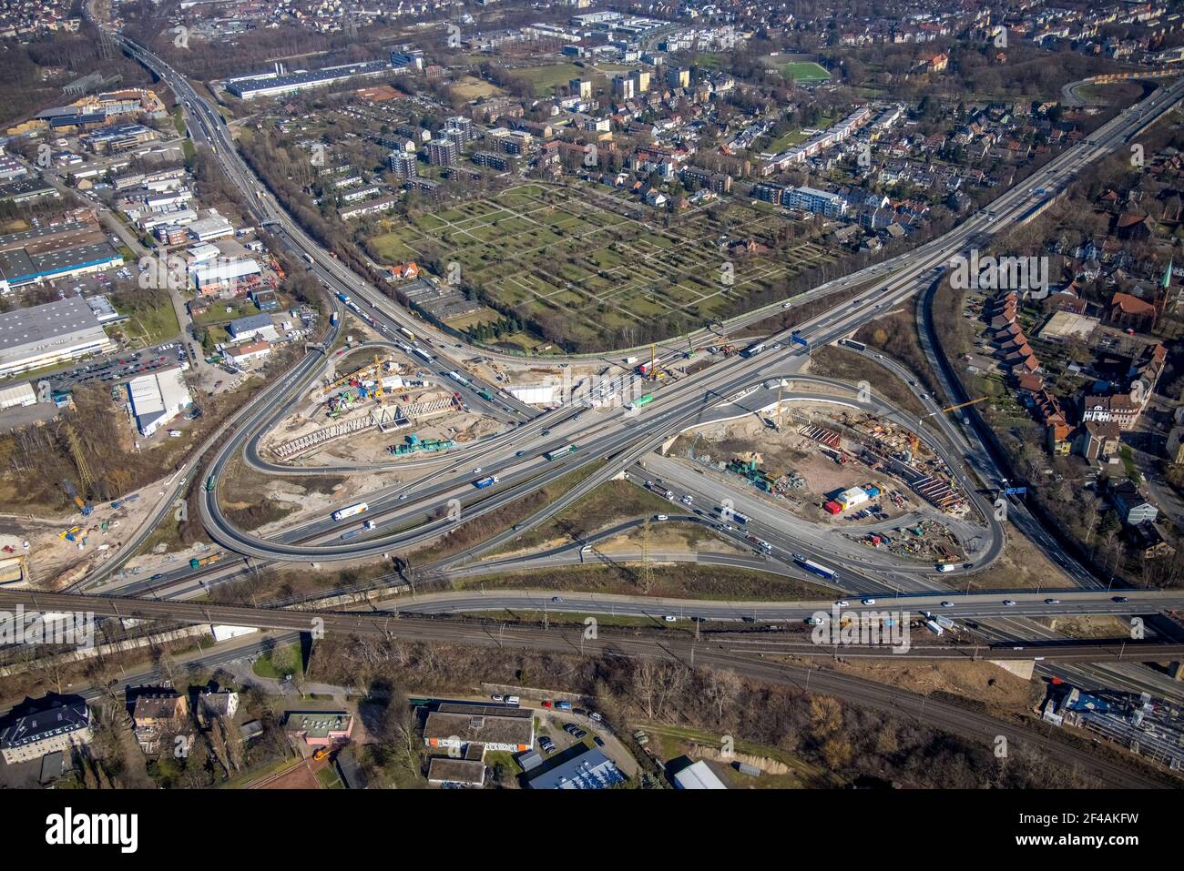 Aerial view, motorway junction Herne with new construction tunnel Baukau from A43 to A42, Baukau-West, Herne, Ruhr area, North Rhine-Westphalia, Germa Stock Photo