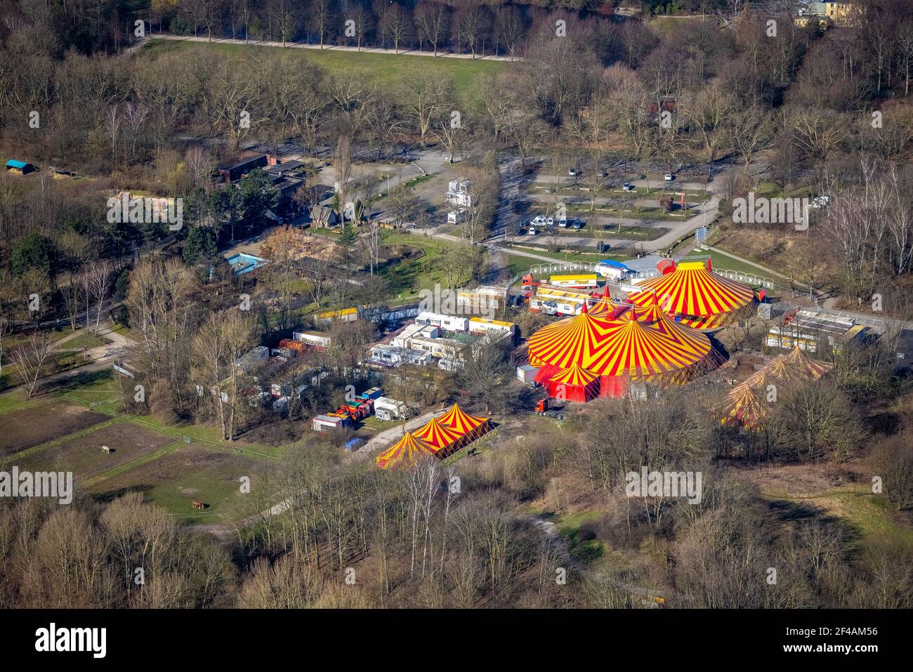 Aerial view, circus tents in Revierpark Nienhausen, Feldmarkstraße, Feldmark, Gelsenkirchen, Ruhr area, North Rhine-Westphalia, Germany, DE, Europe, l Stock Photo