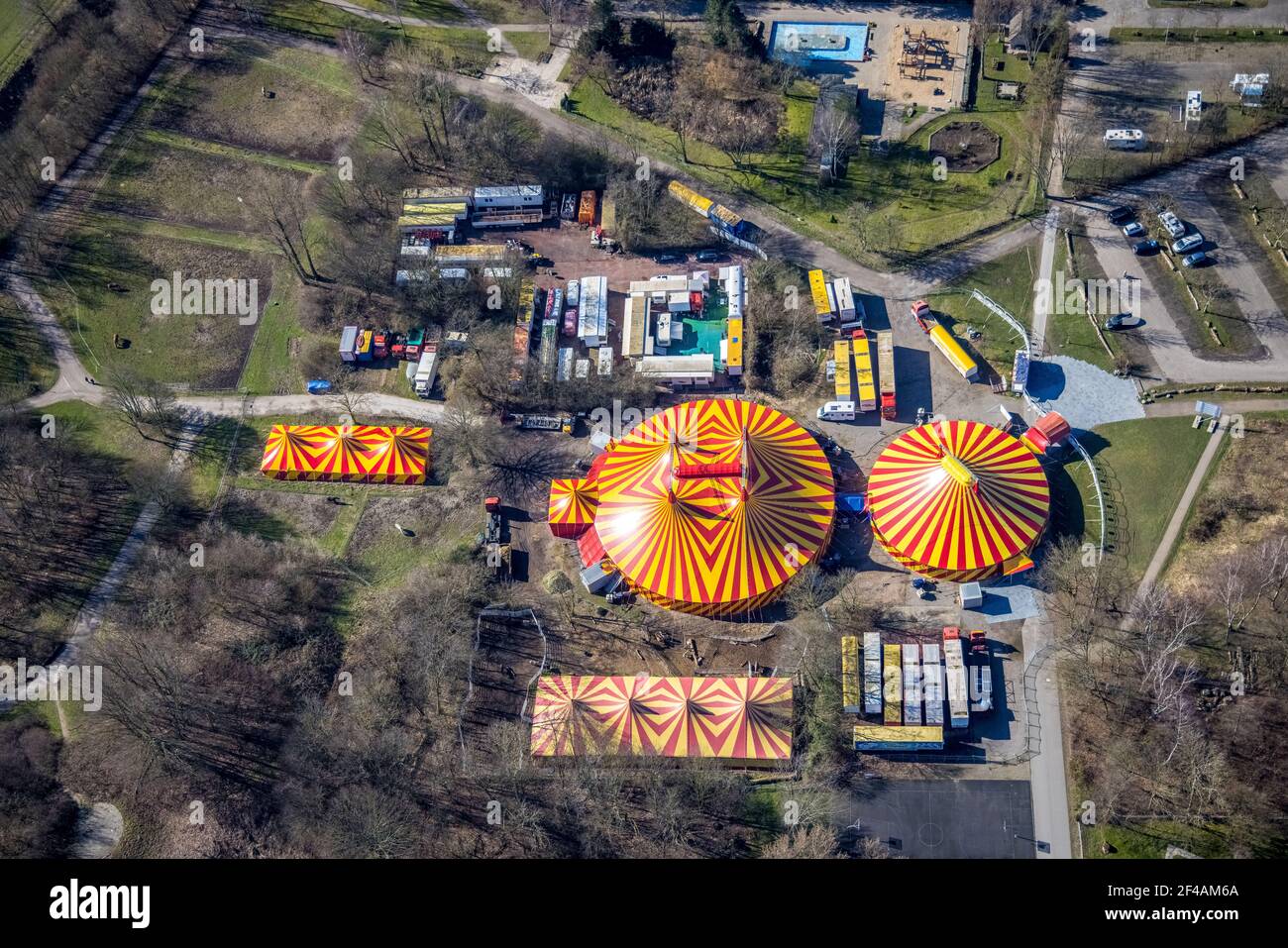 Aerial view, circus tents in Revierpark Nienhausen, Feldmarkstraße, Feldmark, Gelsenkirchen, Ruhr area, North Rhine-Westphalia, Germany, DE, Europe, l Stock Photo