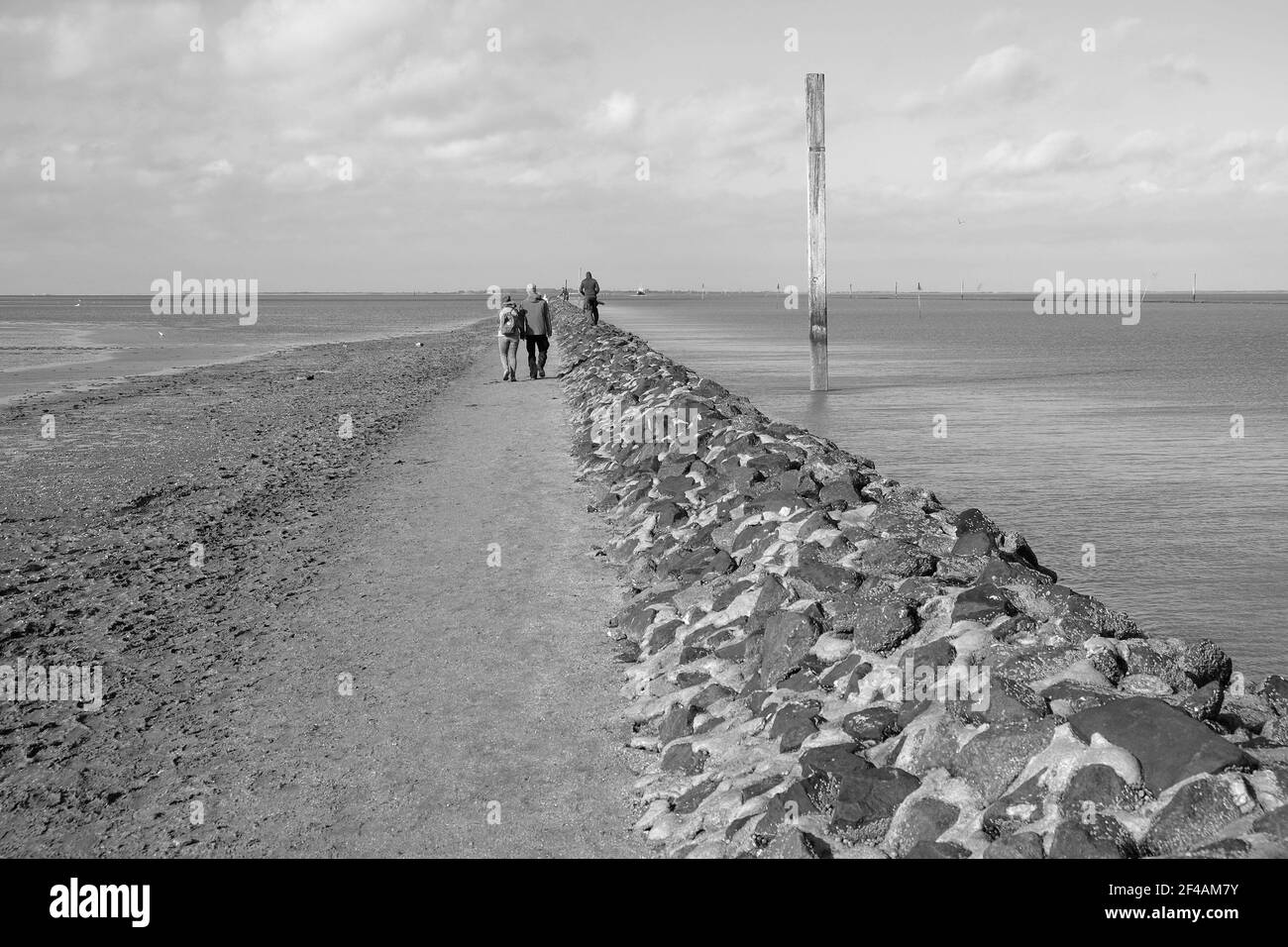 A grayscale shot of unrecognizable people walking by the coastal area against the cloudy sky Stock Photo