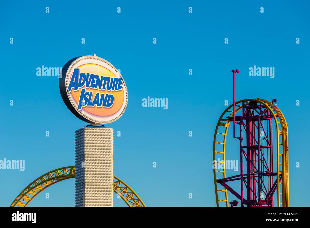 Adventure Island in Southend on Sea, Essex, UK, on a bright, sunny. blue sky day during COVID 19 lockdown. Rage rollercoaster track, empty Stock Photo