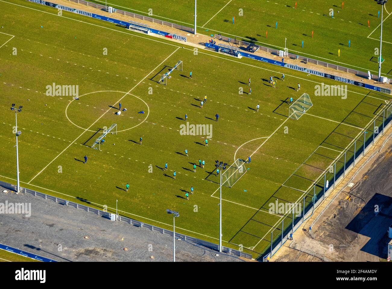 Aerial view, football players and training grounds at Schalke Veltins-Arena, Berger Feld, Erle, Gelsenkirchen, Ruhr area, North Rhine-Westphalia, Germ Stock Photo