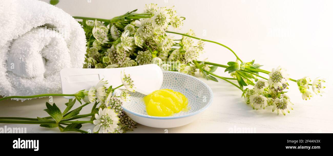 Cosmetic moisturizer or emollient and a spatula for pedicure and soft foot skin in a small bowl and some green flowers on a light wooden background, p Stock Photo
