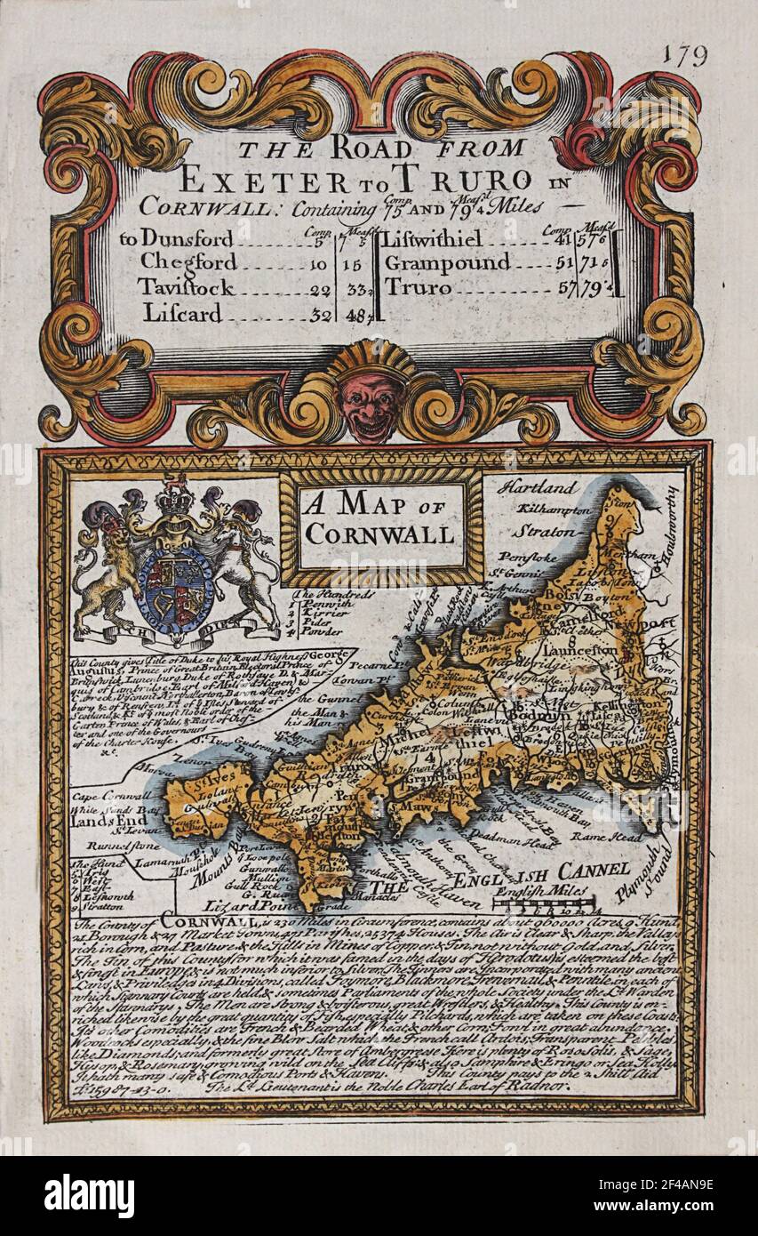 A map of Cornwall from 'Britannia Depicta', circa 1720, by the cartographers Emanuel Bowen and John Owen. Stock Photo