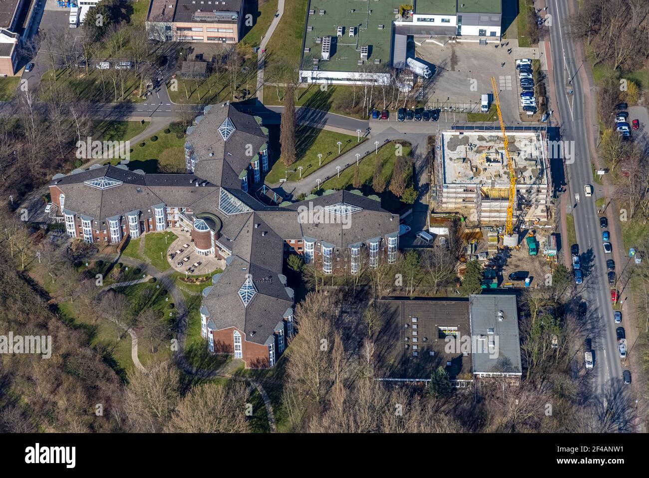 Aerial view, , Wohnstift Walter Cordes am Evang. Duisburg-Nord hospital,  Fahrner Straße construction site, Röttgersbach, Duisburg, Ruhr area, North  Rh Stock Photo - Alamy
