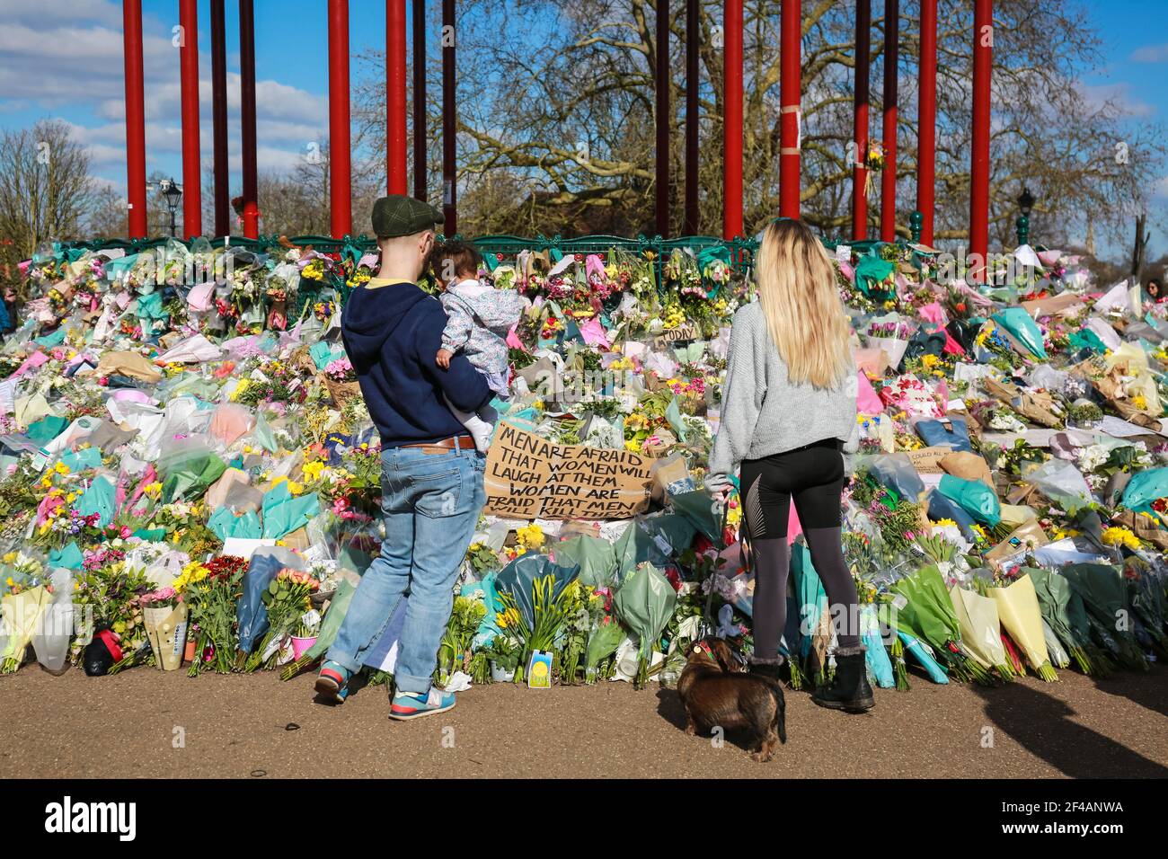 London, UK. 19 March 2021. People pays tribute and flowers to Sarah Everard on Bandstand at Clapham Common. Credit: Waldemar Sikora Stock Photo
