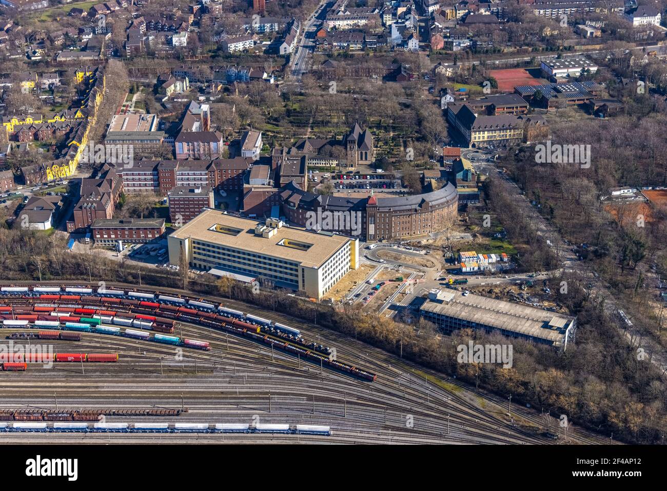 Aerial view, , Construction Site New Building and Extension of the Helios St. Johannes Clinic, Premonstratensian Monastery Abbey Hamborn, Alt-Hamborn, Stock Photo