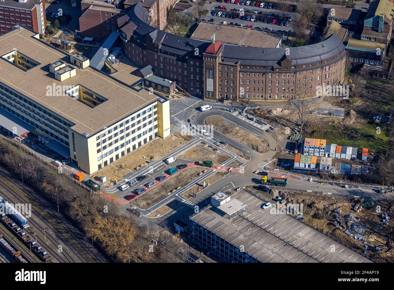 Aerial view, , construction site new building and extension of the Helios St. Johannes Clinic, Alt-Hamborn, Duisburg, Ruhr area, North Rhine-Westphali Stock Photo