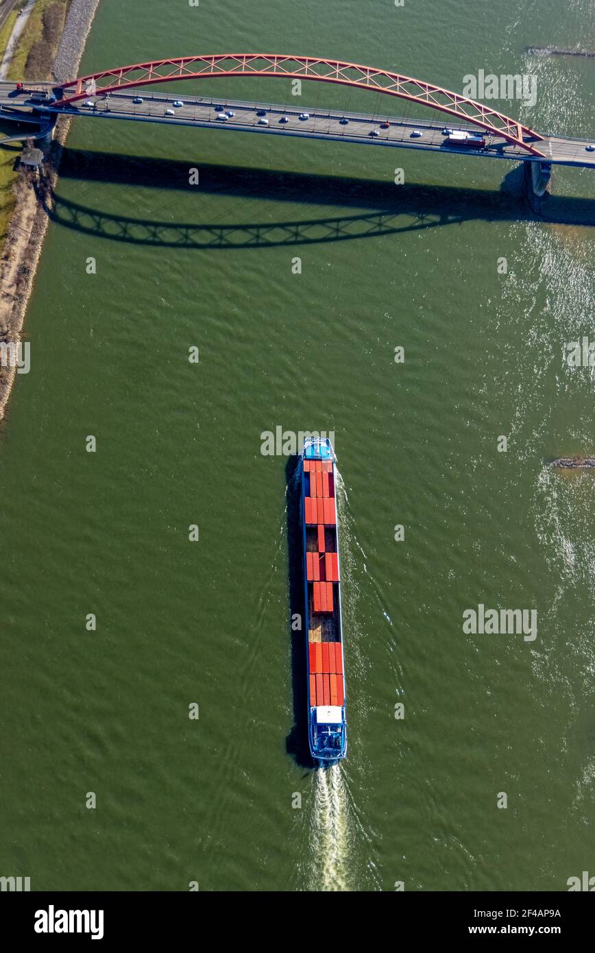 Aerial photograph, , Bridge of Solidarity and container ship on the Rhine, Hochfeld, Duisburg, Ruhr Area, North Rhine-Westphalia, Germany, inland navi Stock Photo