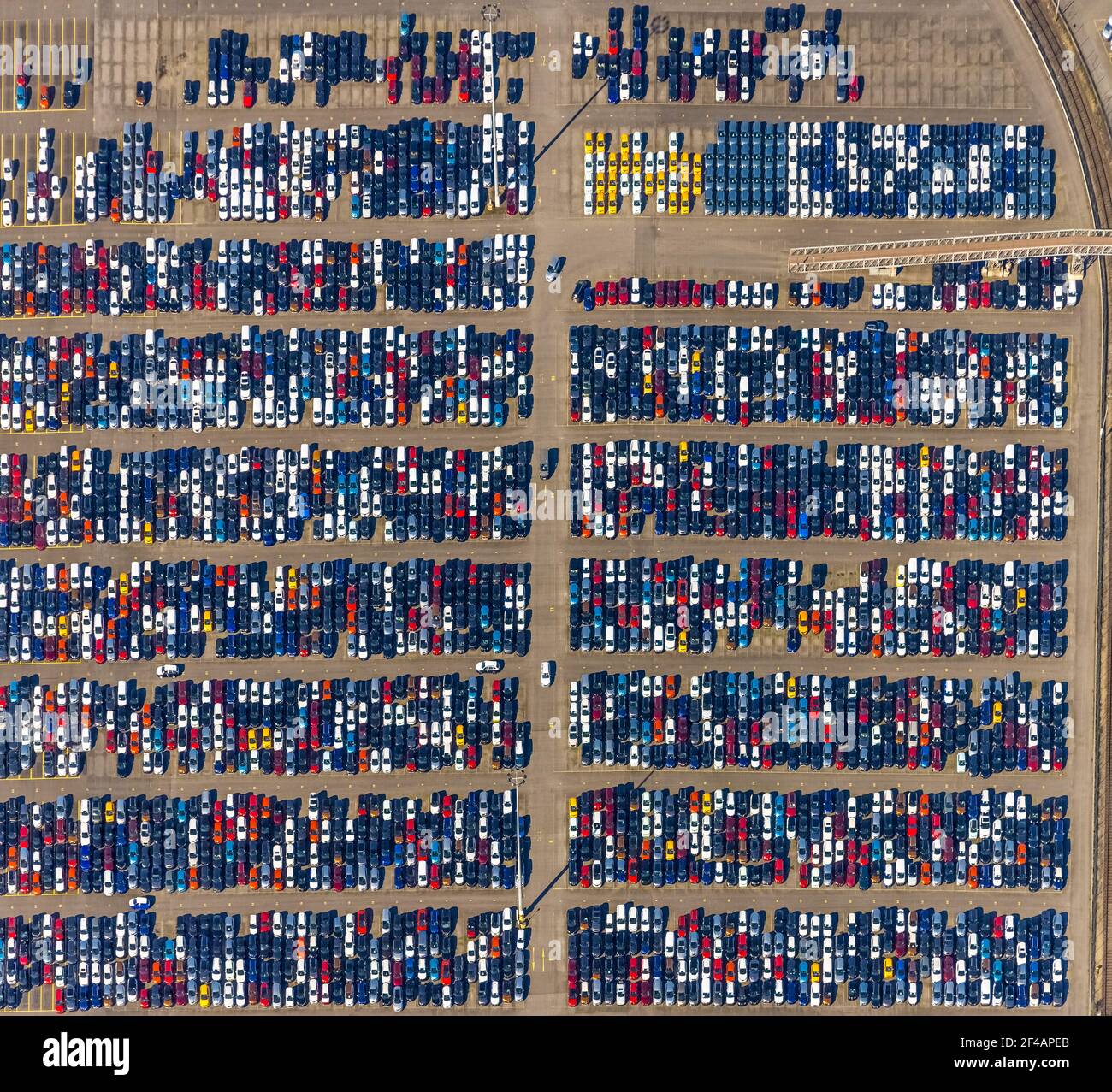 Aerial view, new car pile, export cars, import cars, Duisport, Duisburger Hafen AG, Logport I, container port, Rhine port, Friemersheim, Duisburg, Ruh Stock Photo
