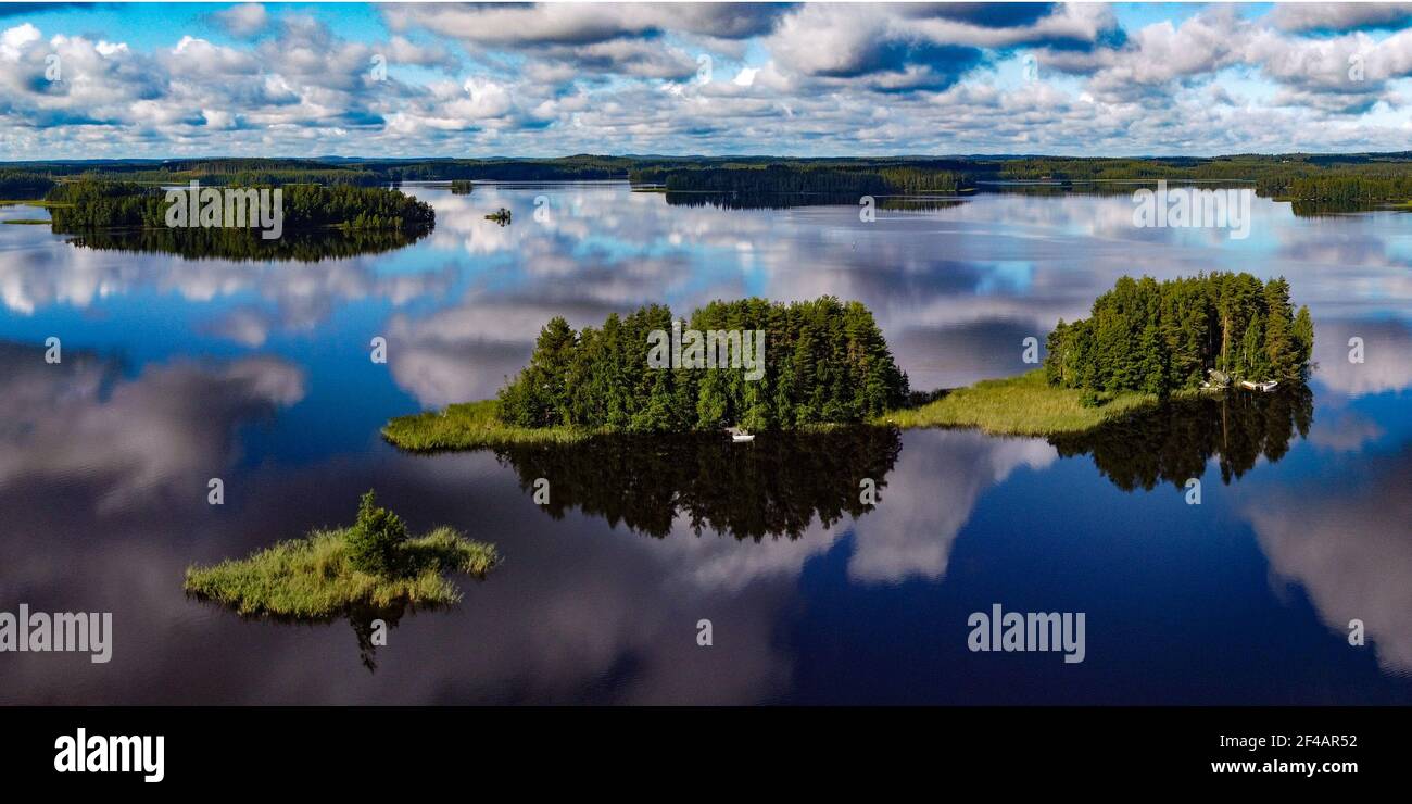 Panorama of three Islands called Muutosaaret near Leppävirta in Savo Finland photographed with a drone Stock Photo