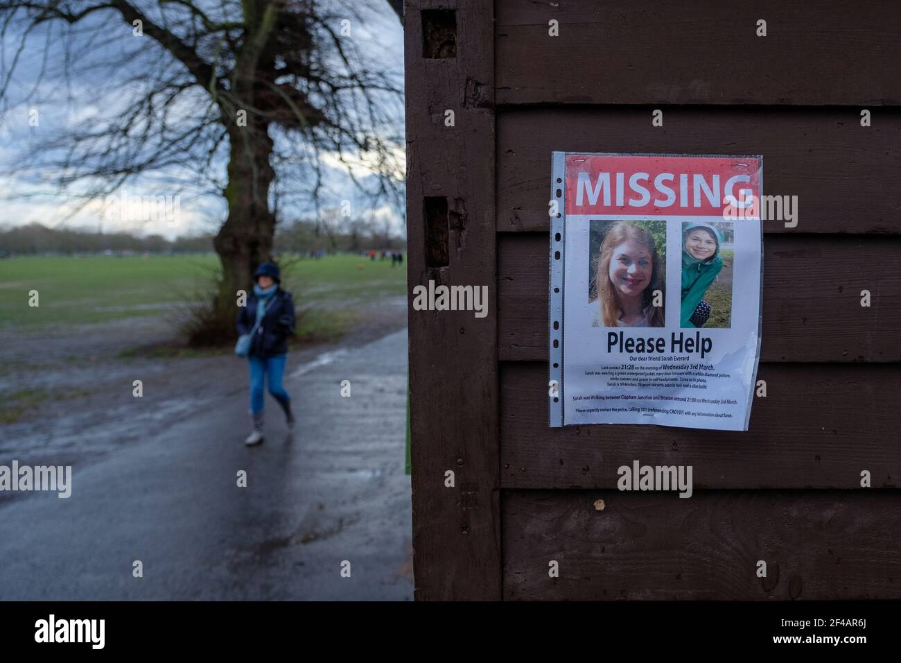 London, UK. 13th March, 2021. Missing sign for Sarah Everard posted by concerned friends. People attend a Vigil in memory of Sarah Everard at the Clap Stock Photo