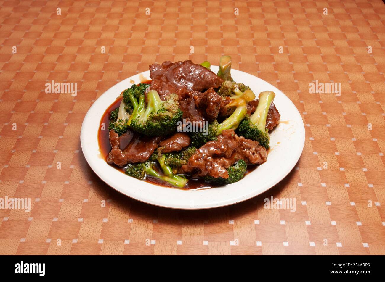 Authentic and traditional Chinese dish known as beef with broccoli Stock Photo