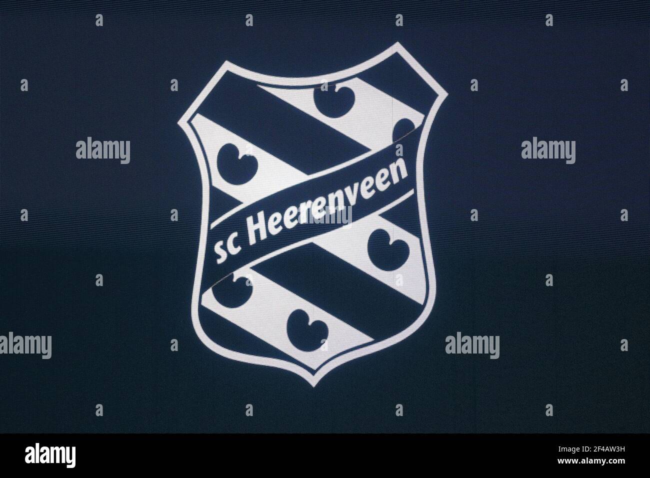 HEERENVEEN, NETHERLANDS - MARCH 19: Logo of SC Heerenveen during the Dutch Eredivisie match between sc Heerenveen and FC Twente at Abe Lenstra Stadion Stock Photo