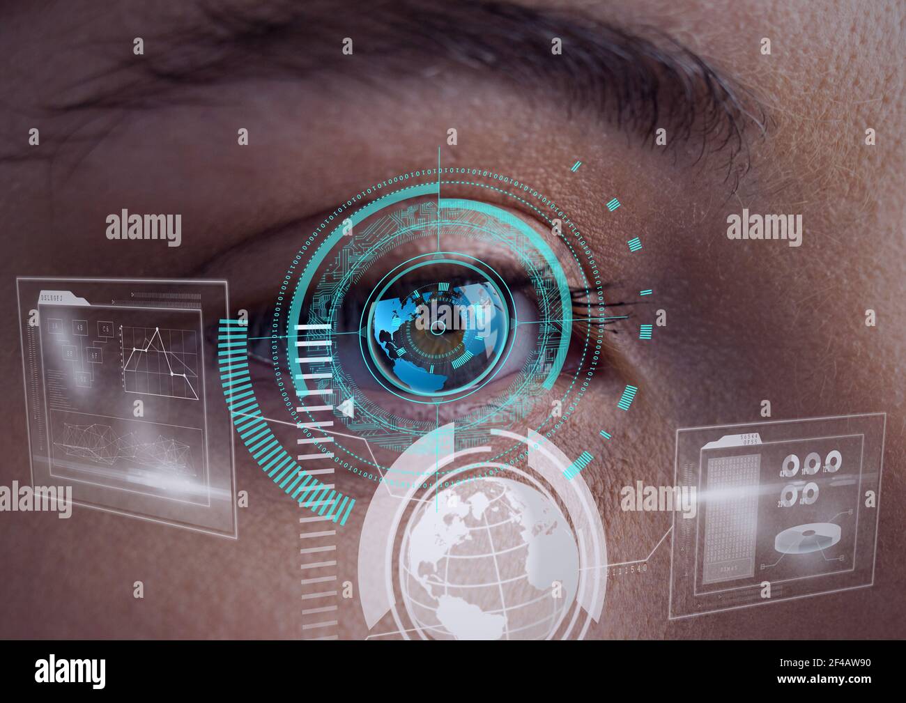 Digital interface with data processing against close up of female human eye Stock Photo