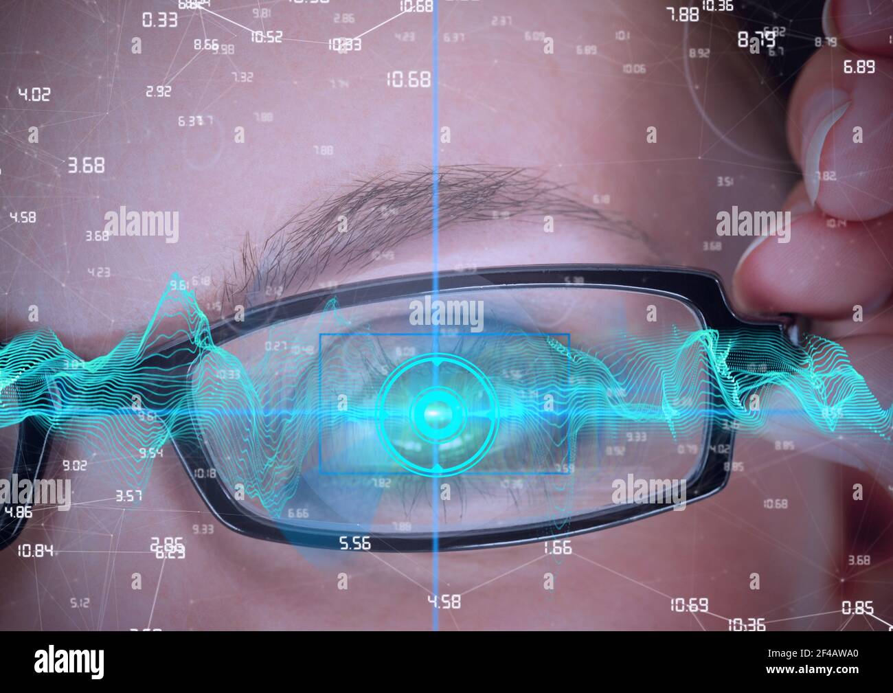 Digital waves and network of connections against close up of female human eye Stock Photo