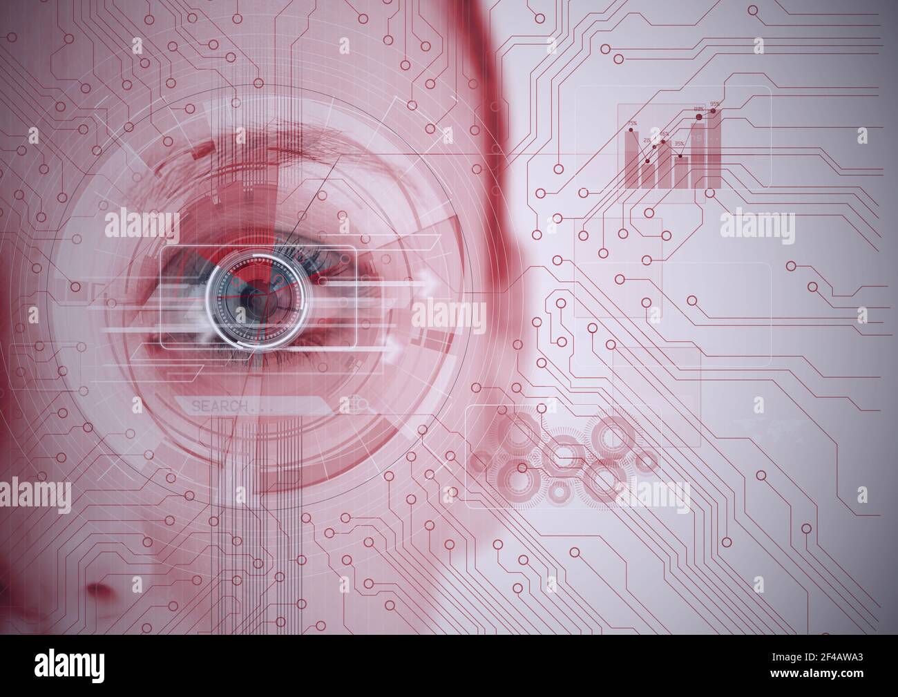 Round scanner and microprocessor connections against close up of female human eye Stock Photo